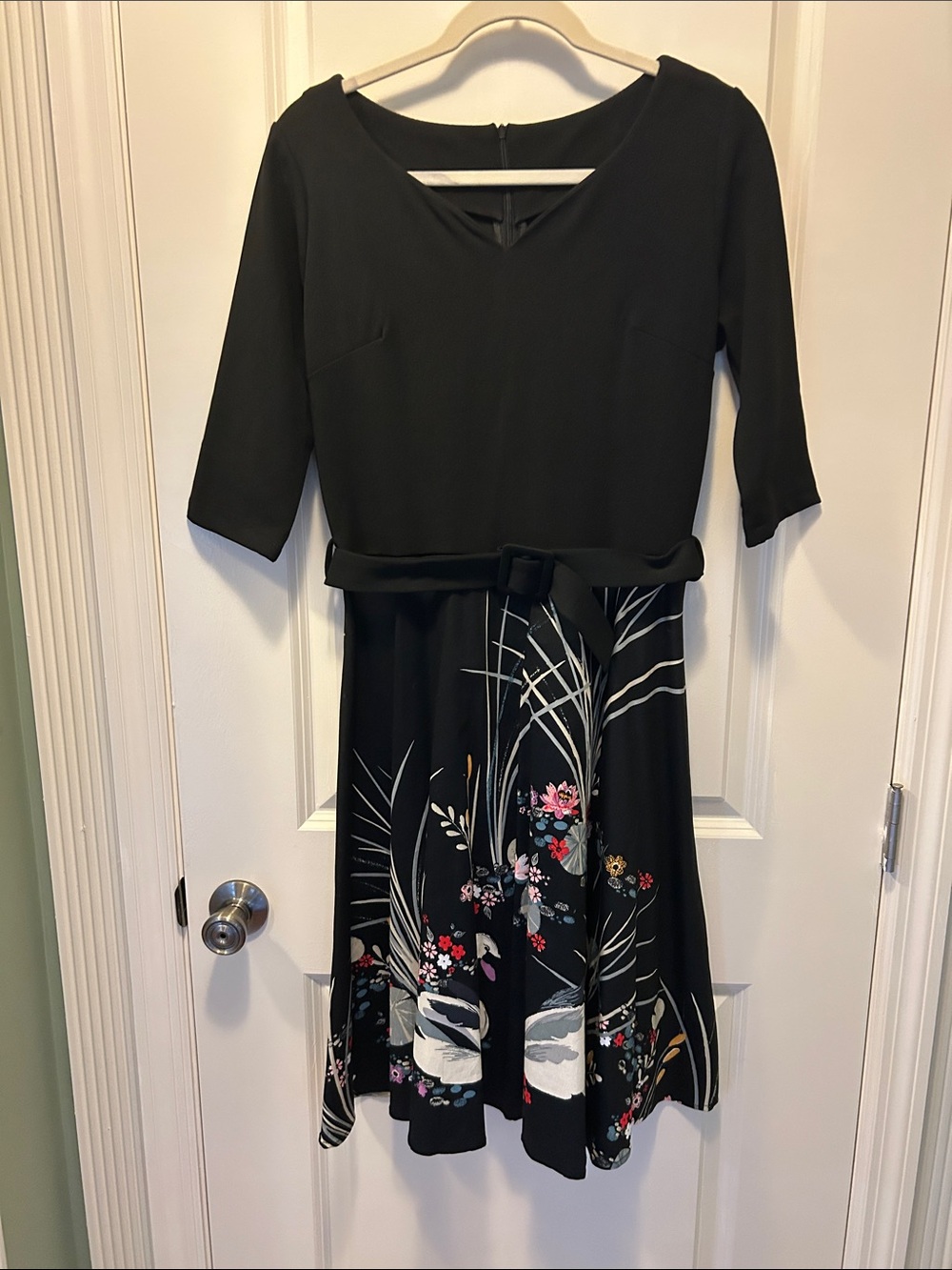 Black Floral Fit-and-Flare Dress with Belt